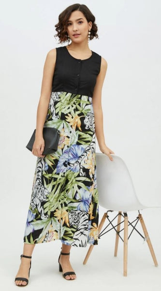Mayawye Women's Rayon Floral Sleeveless Calf-length Dress (Multicolor)