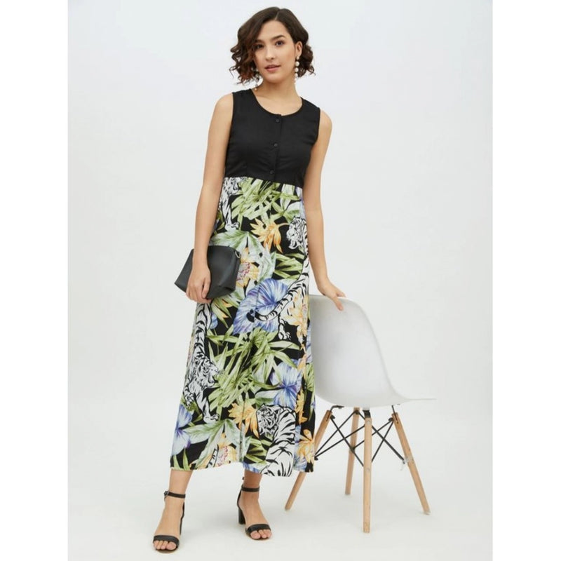 Mayawye Women's Rayon Floral Sleeveless Calf-length Dress (Multicolor)