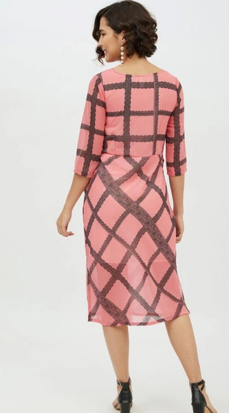 Mayawye Women's Polyester Checkered 3-4th Sleeves Below Knee Dress (Pink)