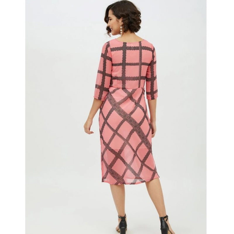 Mayawye Women's Polyester Checkered 3-4th Sleeves Below Knee Dress (Pink)