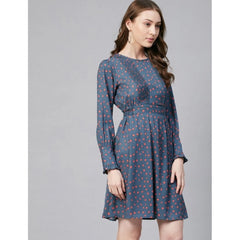 Mayawye Women's Polyester Polka Long Sleeves Above Knee Dress (Grey - Coral)