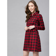 Mayawye Women's Cotton Checkered Long Sleeves Above Knee Dress (Red - Black)