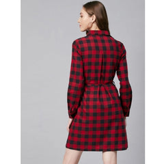 Mayawye Women's Cotton Checkered Long Sleeves Above Knee Dress (Red - Black)
