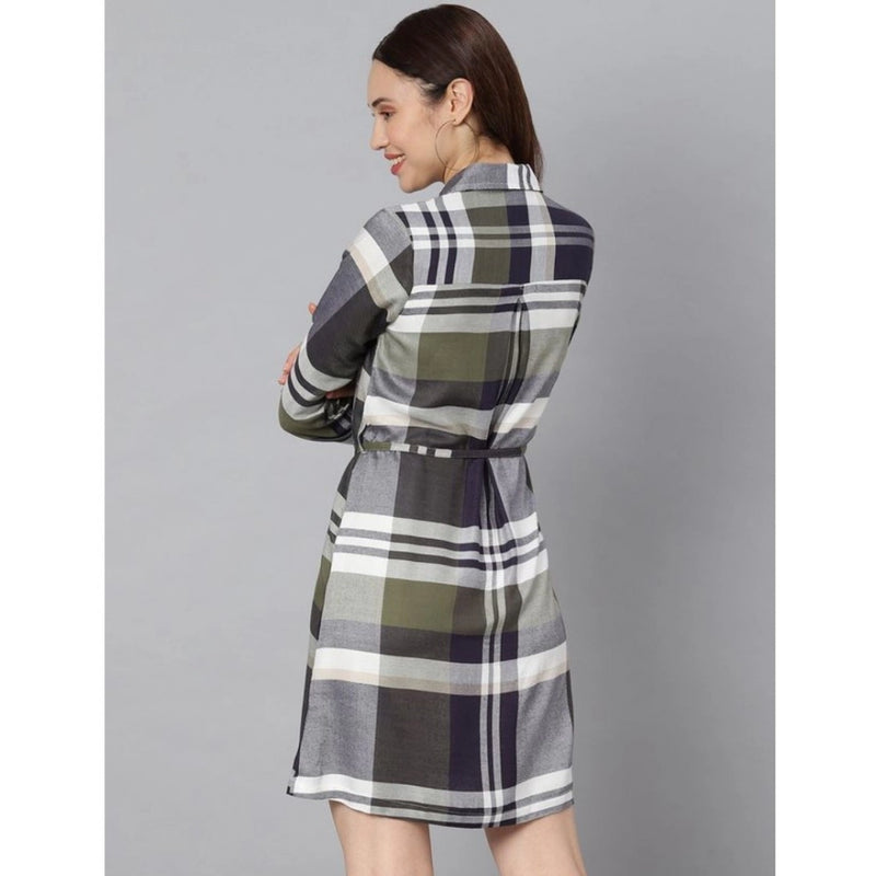 Mayawye Women's Cotton Checkered Long Sleeves Above Knee Dress (Olive - White)