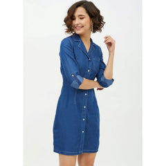 Mayawye Women's Denim Solid Long Sleeves Above Knee Dress (Blue)