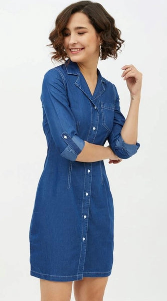 Mayawye Women's Denim Solid Long Sleeves Above Knee Dress (Blue)