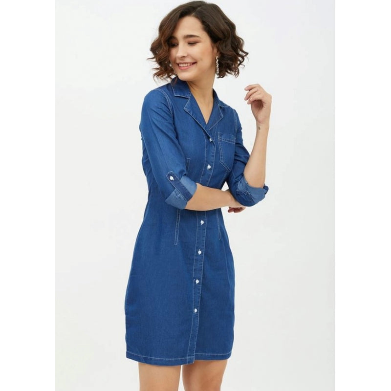 Mayawye Women's Denim Solid Long Sleeves Above Knee Dress (Blue)