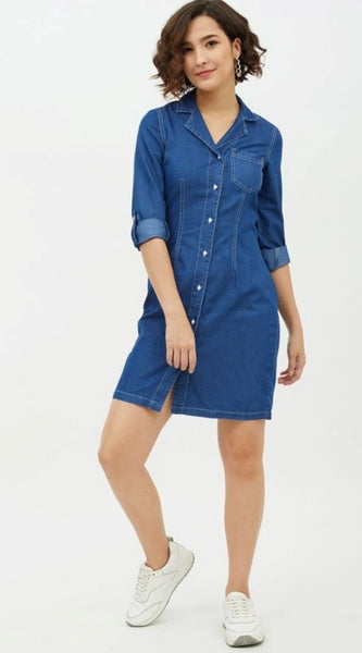 Mayawye Women's Denim Solid Long Sleeves Above Knee Dress (Blue)