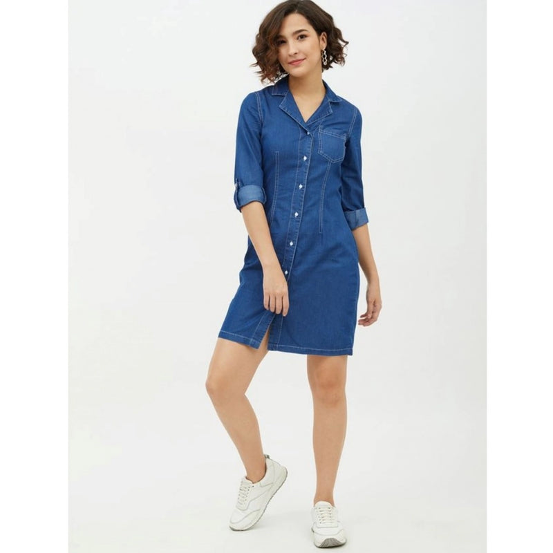 Mayawye Women's Denim Solid Long Sleeves Above Knee Dress (Blue)