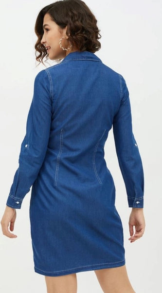 Mayawye Women's Denim Solid Long Sleeves Above Knee Dress (Blue)