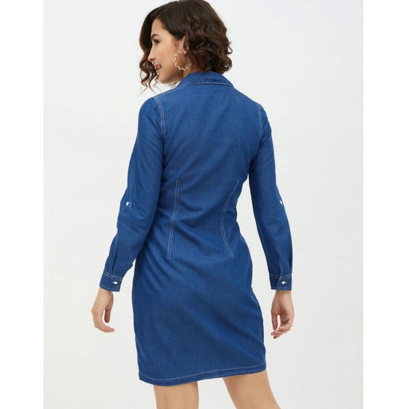 Mayawye Women's Denim Solid Long Sleeves Above Knee Dress (Blue)