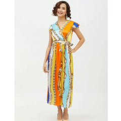Mayawye Women's Satin Chain Print Cap Sleeve Calf-length Dress (Multicolor)