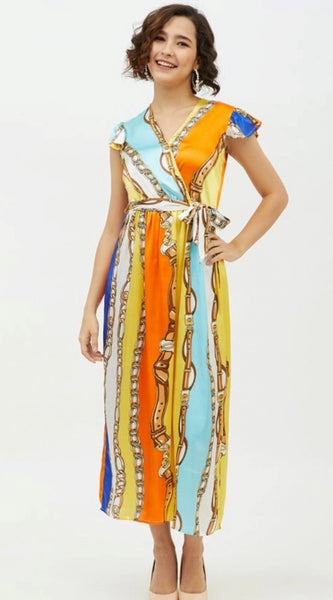 Mayawye Women's Satin Chain Print Cap Sleeve Calf-length Dress (Multicolor)