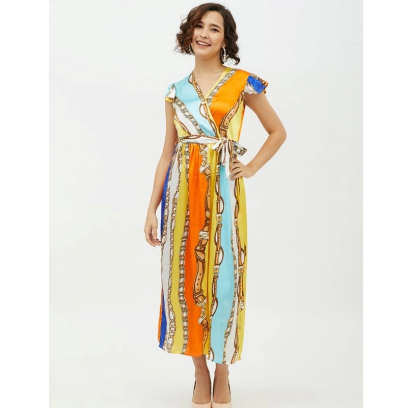 Mayawye Women's Satin Chain Print Cap Sleeve Calf-length Dress (Multicolor)