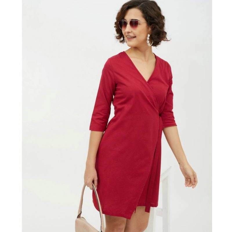 Mayawye Women's Cotton Wrap 3-4th Sleeves Above Knee Dress (Maroon)