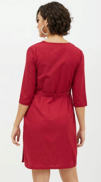Mayawye Women's Cotton Wrap 3-4th Sleeves Above Knee Dress (Maroon)