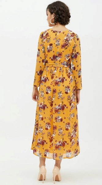 Mayawye Women's Polyester Floral Long Sleeves Calf-length Dress (Multicolor)