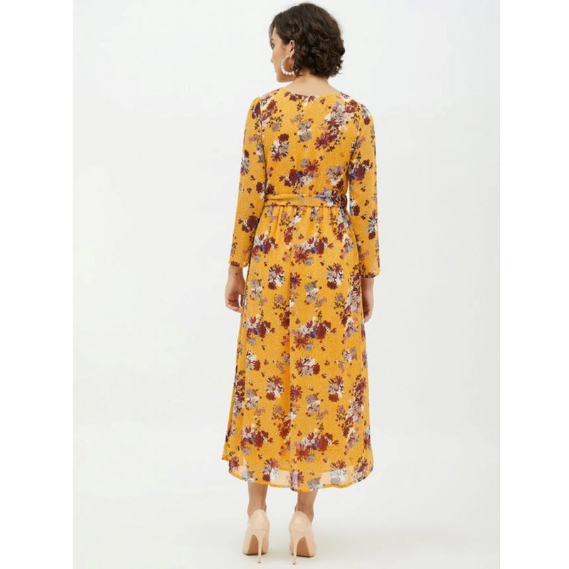 Mayawye Women's Polyester Floral Long Sleeves Calf-length Dress (Multicolor)