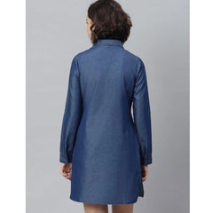Mayawye Women's Denim Solid Long Sleeves Above Knee Dress (Navy Blue)
