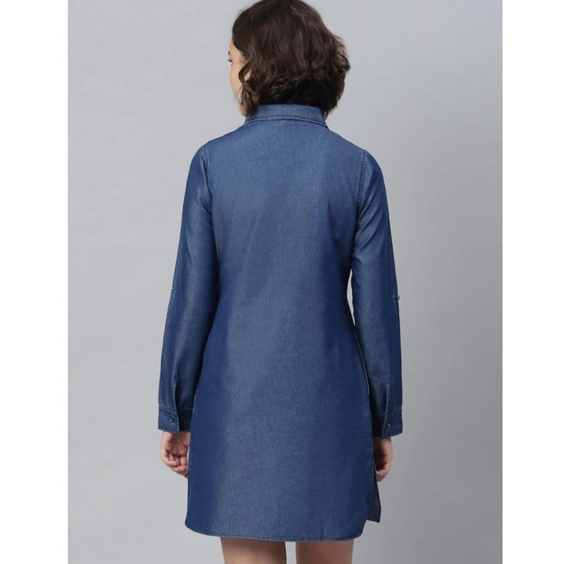 Mayawye Women's Denim Solid Long Sleeves Above Knee Dress (Navy Blue)