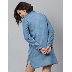 Mayawye Women's Denim Solid Long Sleeves Above Knee Dress (Ice Blue)