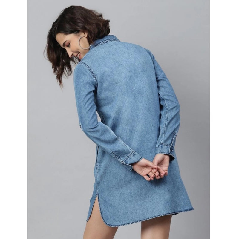 Mayawye Women's Denim Solid Long Sleeves Above Knee Dress (Ice Blue)