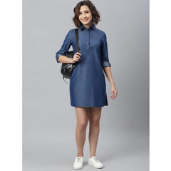 Mayawye Women's Denim Solid Long Sleeves Above Knee Dress (Navy Blue)