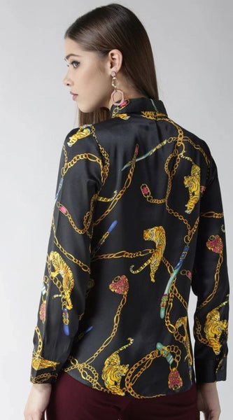 Mayawye Women's Satin Printed Long Sleeves Standard Length Shirt (Black - Gold)