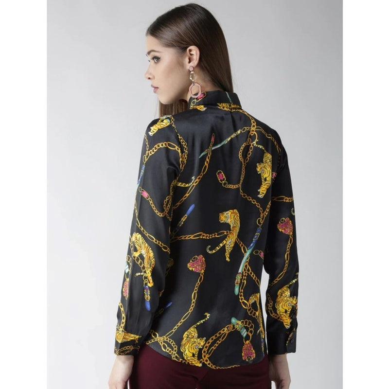 Mayawye Women's Satin Printed Long Sleeves Standard Length Shirt (Black - Gold)