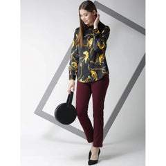 Mayawye Women's Satin Printed Long Sleeves Standard Length Shirt (Black - Gold)