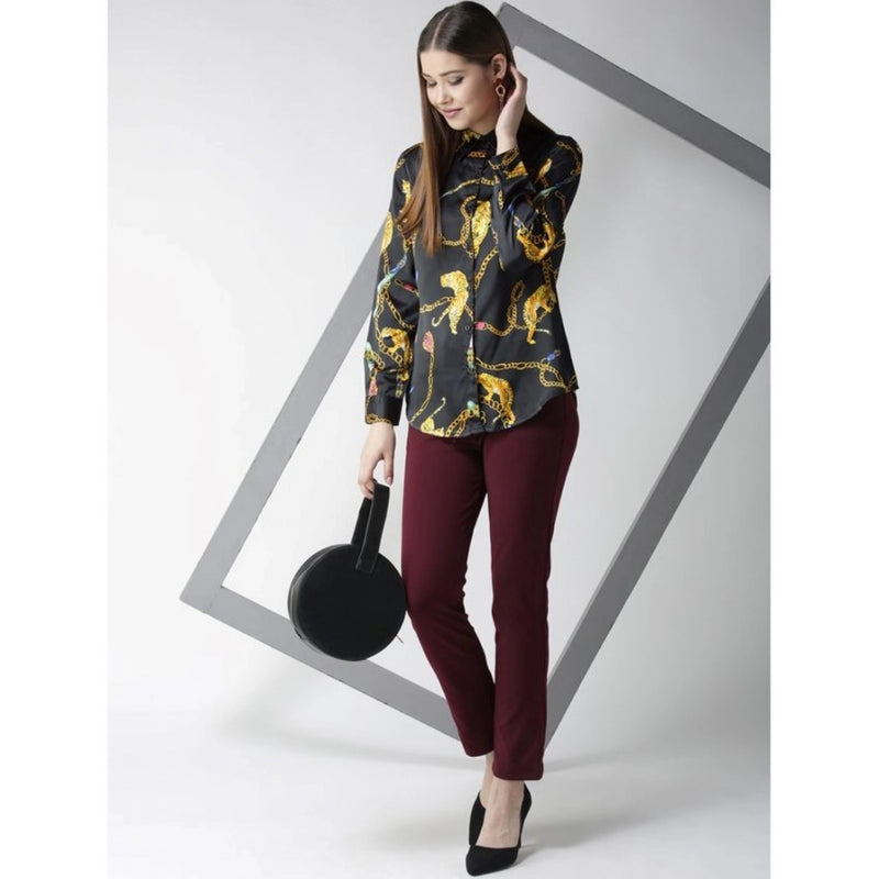 Mayawye Women's Satin Printed Long Sleeves Standard Length Shirt (Black - Gold)