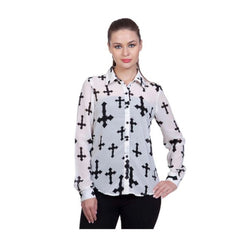 Mayawye Women's Polyester Printed Long Sleeves Standard Length Shirt (White)