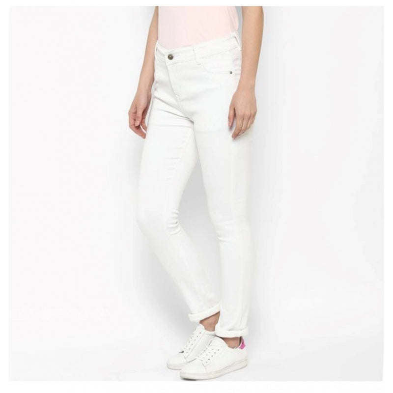 Mayawye Women's Denim Solid Buttoned Jeans (White)