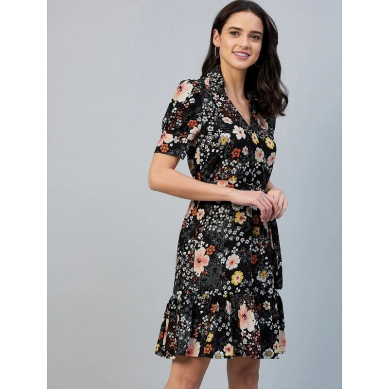 Mayawye Women's Polyester Floral Short Sleeve Above Knee Dress (Black)