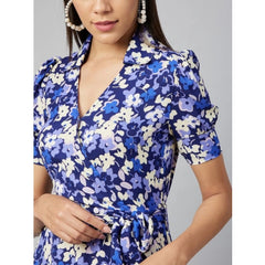 Mayawye Women's Polyester Floral Short Sleeve Above Knee Dress (Blue - Purple)