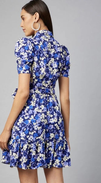 Mayawye Women's Polyester Floral Short Sleeve Above Knee Dress (Blue - Purple)