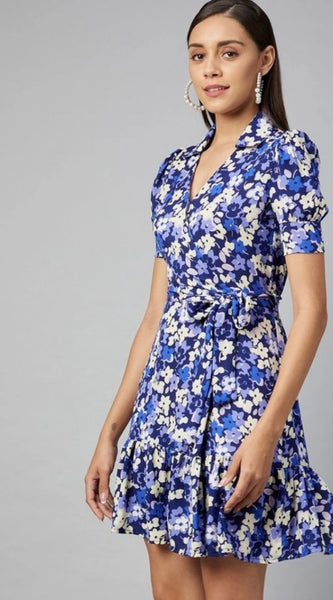 Mayawye Women's Polyester Floral Short Sleeve Above Knee Dress (Blue - Purple)