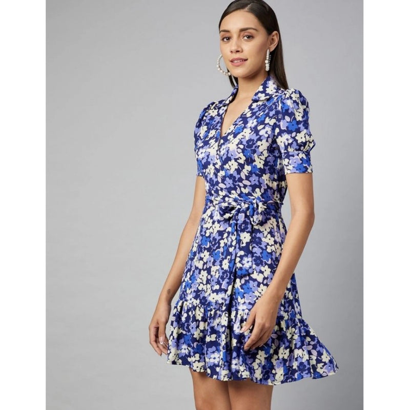 Mayawye Women's Polyester Floral Short Sleeve Above Knee Dress (Blue - Purple)