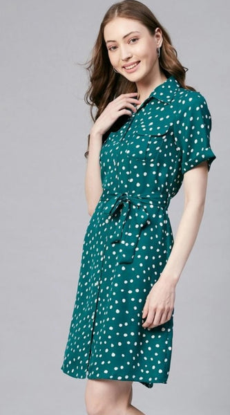 Mayawye Women's Polyester Polka Short Sleeve Above Knee Dress (Blue - White)