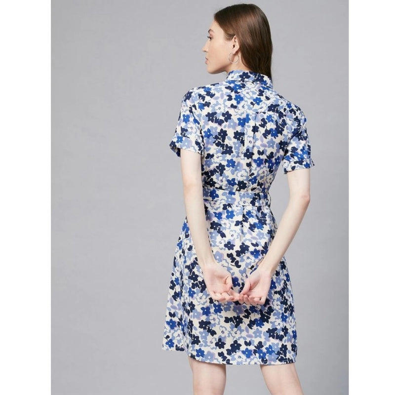 Mayawye Women's Polyester Floral Short Sleeve Above Knee Dress (Blue - White)