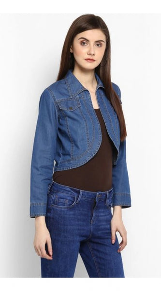 Mayawye Women's Denim Solid 3-4th Sleeves Shrug (Blue)