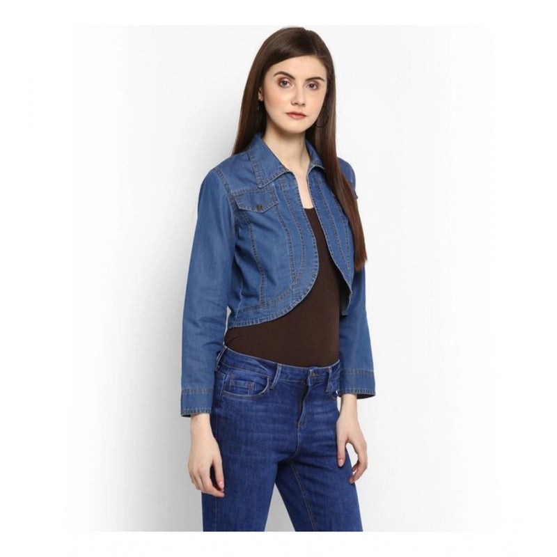 Mayawye Women's Denim Solid 3-4th Sleeves Shrug (Blue)