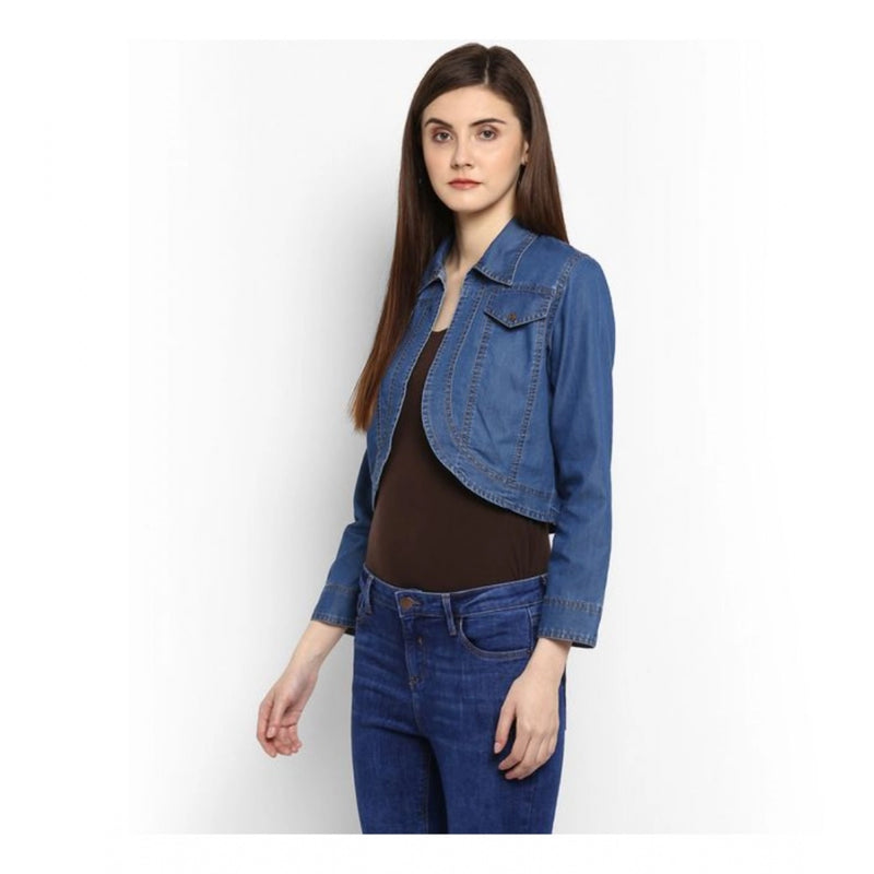 Mayawye Women's Denim Solid 3-4th Sleeves Shrug (Blue)