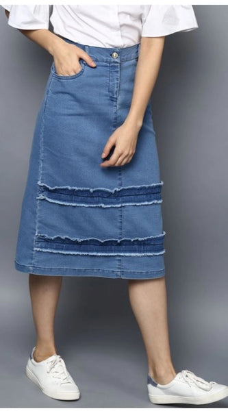 Mayawye Women's Denim Washed Buttoned Skirt (Blue)