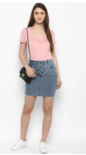 Mayawye Women's Denim Draw String Buttoned Skirt (Blue)