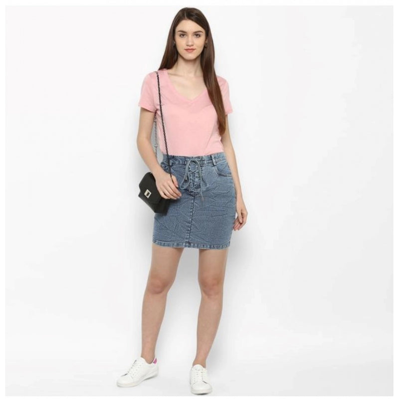 Mayawye Women's Denim Draw String Buttoned Skirt (Blue)