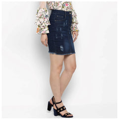 Mayawye Women's Denim Distressed Buttoned Skirt (Blue)
