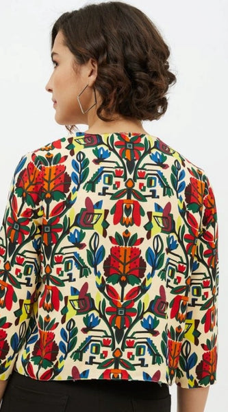 Mayawye Women's Polyester Floral 3-4th Sleeves Shrug (Multicolor)