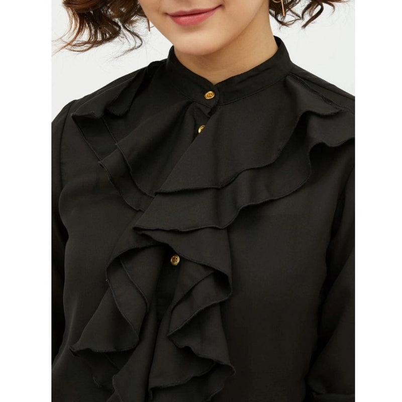 Mayawye Women's Polyester Ruffled Long Sleeves Standard Length Shirt (Black)