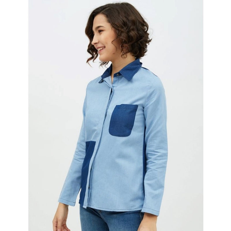 Mayawye Women's Denim Patch Work Long Sleeves Standard Length Shirt (Blue)